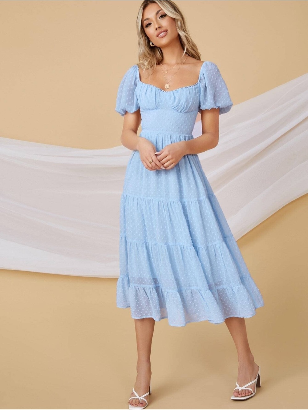 SHEIN Light Blue Puff Sleeve Tiered Midi Dress